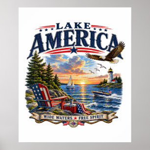 Affiche Coucher de soleil patriotique aigle américain Lac