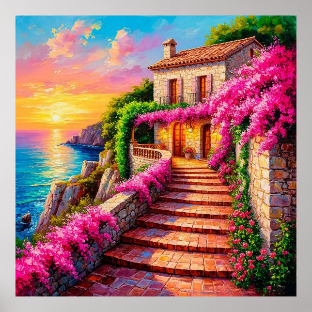 Affiche Coucher de soleil pittoresque sur une villa côtièr (Devant)