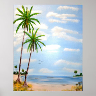 Affiche coucher de soleil, plage, phare, palmier, tropical