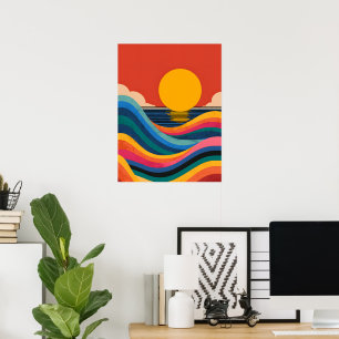 Affiche Coucher de soleil rétro sur les vagues de l'océan 