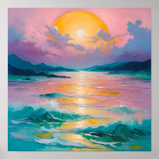 Affiche Coucher de soleil rêveur sur les vagues de l'océan