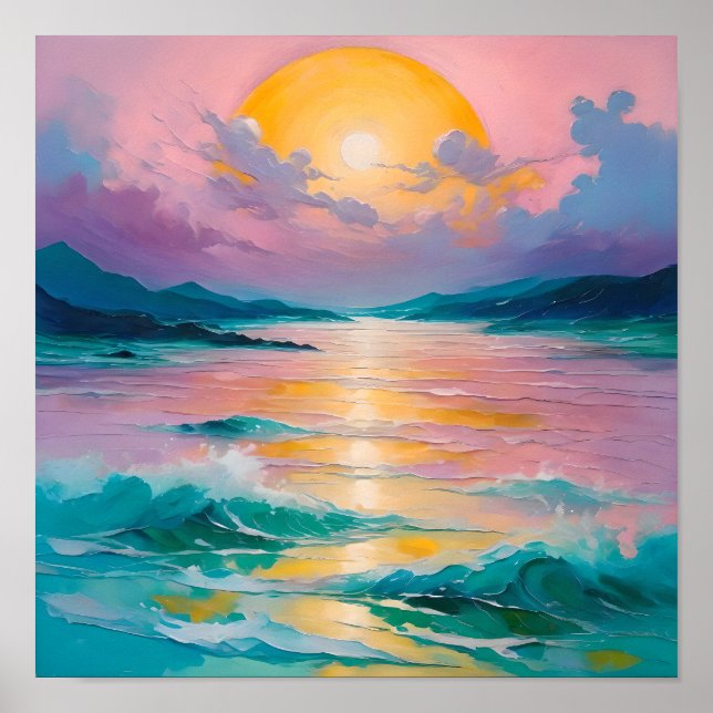Affiche Coucher de soleil rêveur sur les vagues de l'océan (Devant)
