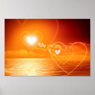 Affiche Coucher de soleil romantique des coeurs