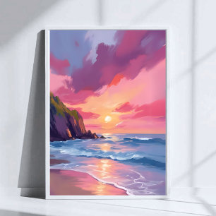 Affiche Coucher de soleil rose Océan Vagues de plage Aquar