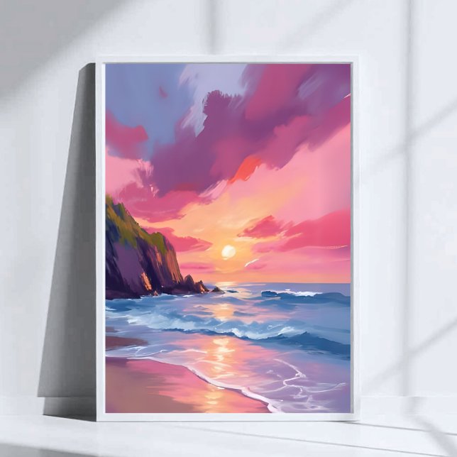 Affiche Coucher de soleil rose Océan Vagues de plage Aquar (Créateur téléchargé)