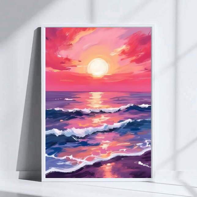 Affiche Coucher de soleil rose vagues d'océan violet aquar (Créateur téléchargé)