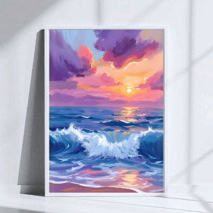Affiche Coucher de soleil rose violet Aquarelle reflets