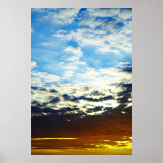Affiche Coucher de soleil rouge orange bleu avec nuages (Devant)