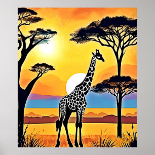 Affiche Coucher de soleil safari : étreinte de la girafe