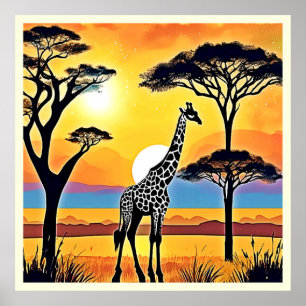 Affiche Coucher de soleil safari : étreinte de la girafe