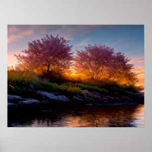 Affiche Coucher de soleil Sakura : Riverside Reverie