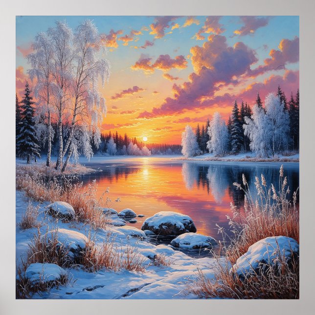 Affiche Coucher de soleil serein d'hiver sur une forêt enn (Devant)