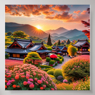 Affiche Coucher De Soleil Serein Sur Jardin Japonais, Pays