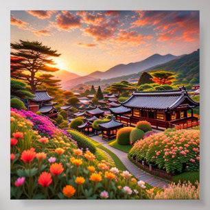 Affiche Coucher De Soleil Serein Sur Jardin Japonais, Pays