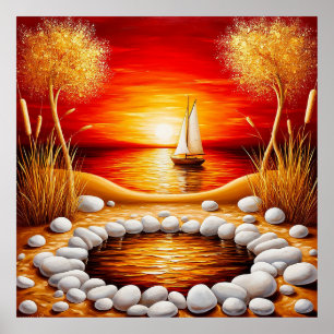 Affiche Coucher de soleil serein sur un lac avec voilier