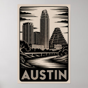 Affiche Coucher de soleil sur Austin Texas Gravure sur boi