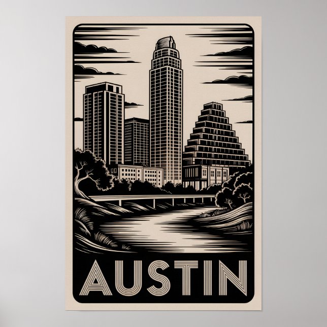 Affiche Coucher de soleil sur Austin Texas Gravure sur boi (Devant)