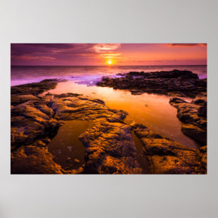 Affiche Coucher de soleil sur des bassins à marée, Hawaï