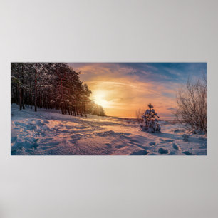 Affiche Coucher de soleil sur la côte de la mer d'hiver