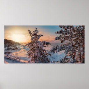 Affiche Coucher de soleil sur la côte de la mer enneigée h