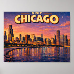 Affiche Coucher de soleil sur la ligne d'horizon de Chicag