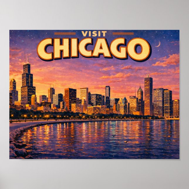 Affiche Coucher de soleil sur la ligne d'horizon de Chicag (Devant)