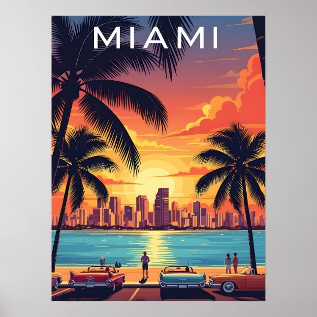 Affiche Coucher de soleil sur la ligne d'horizon de Miami (Devant)