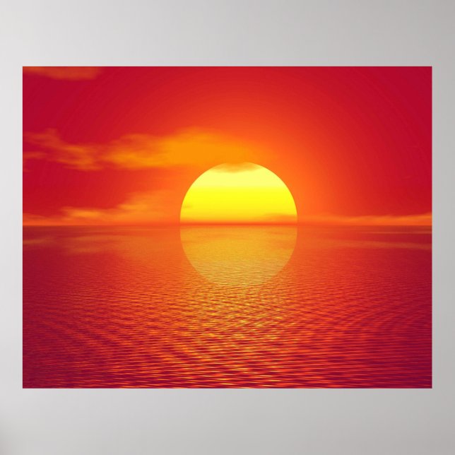 Affiche Coucher de soleil sur la mer d'Orange Calme océan  (Devant)