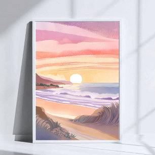 Affiche Coucher de soleil sur la mer rose   Peinture aquar
