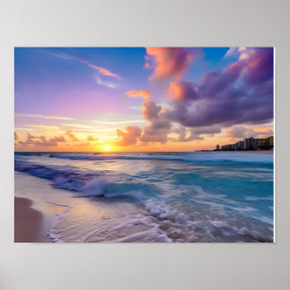 Affiche Coucher de soleil sur la plage avec nuages