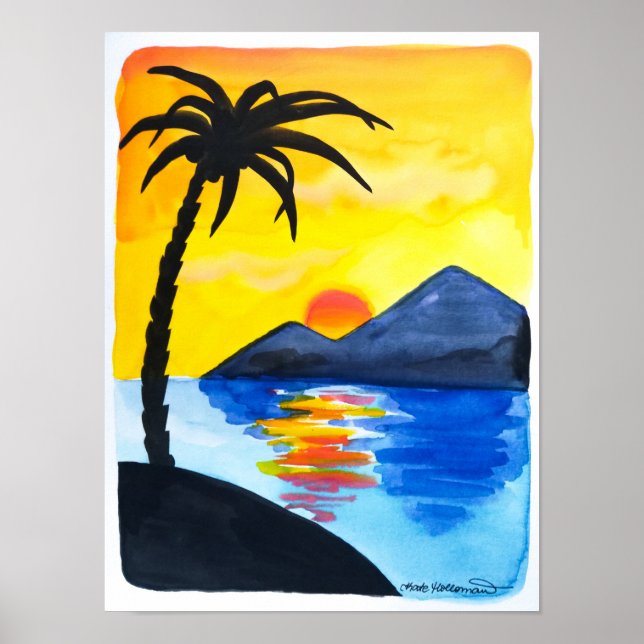 Affiche Coucher de soleil sur la plage - Illustration aqua (Devant)