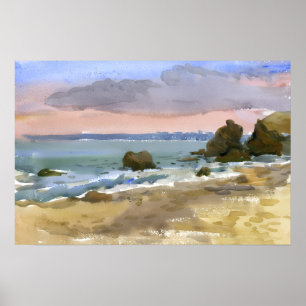 Affiche Coucher de soleil sur la plage rocheuse de la mer
