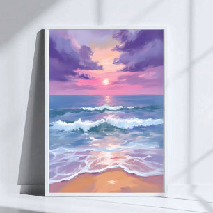 Affiche Coucher de soleil sur la plage violet lavande à l'
