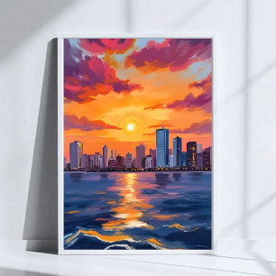 Affiche Coucher de soleil sur la skyline de la ville en aq