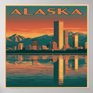 Affiche Coucher de soleil sur la ville d'Alaska