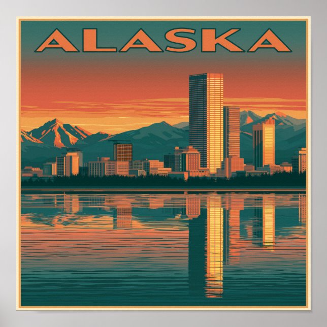Affiche Coucher de soleil sur la ville d'Alaska (Devant)