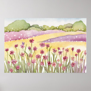 Affiche Coucher de soleil sur le champ de fleurs roses Pei