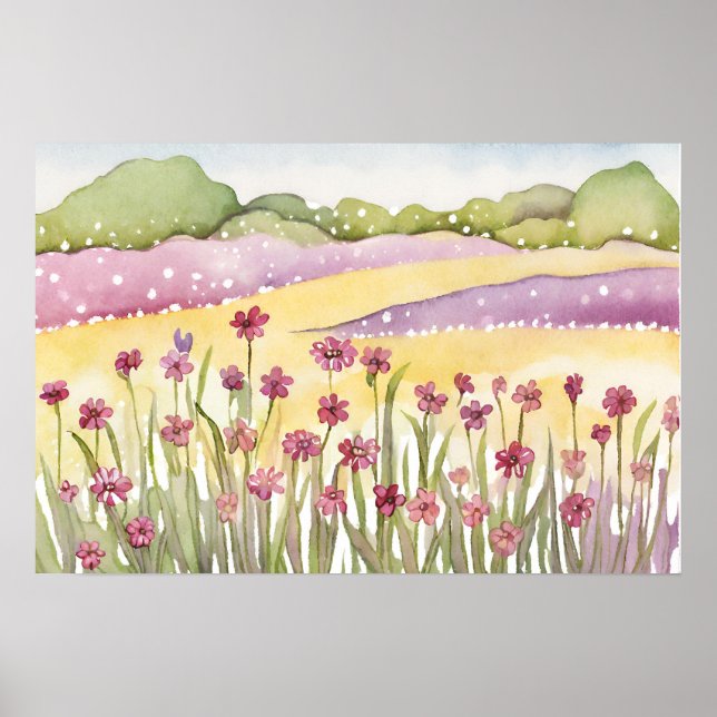 Affiche Coucher de soleil sur le champ de fleurs roses Pei (Devant)