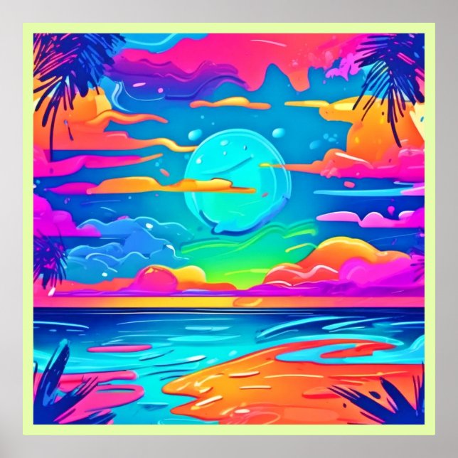Affiche Coucher de soleil sur le néon au-dessus des vagues (Devant)
