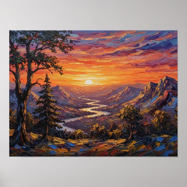 Affiche Coucher de soleil sur les pics de la vallée (Devant)