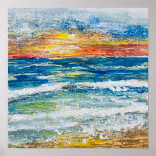Affiche - Coucher de soleil sur les vagues de la m