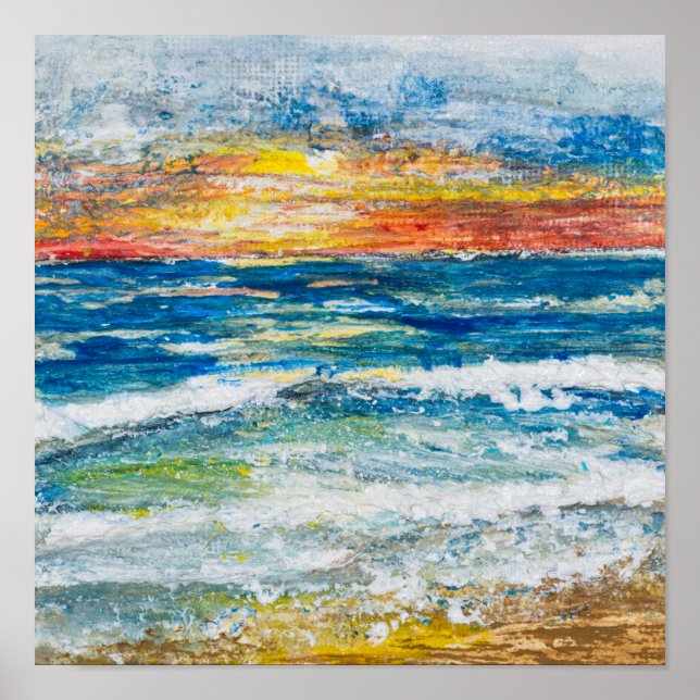 Affiche - Coucher de soleil sur les vagues de la m (Devant)