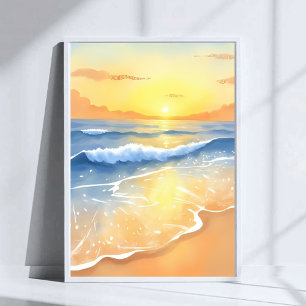 Affiche Coucher de soleil sur les vagues de l'océan Aqua