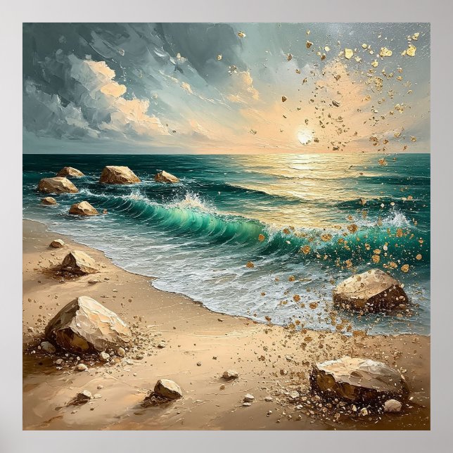 Affiche Coucher de soleil sur les vagues de l'océan et le  (Devant)
