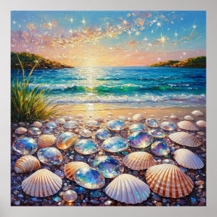 Affiche Coucher de soleil sur l'océan avec des coquillages