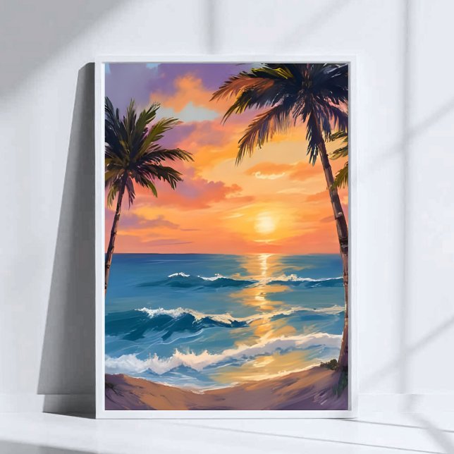 Affiche Coucher de soleil sur l'océan tropical Palmier Aqu (Créateur téléchargé)