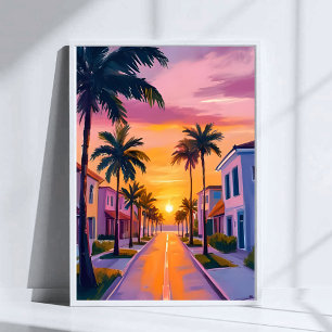 Affiche Coucher de soleil sur Miami Beach   Aquarelle de l