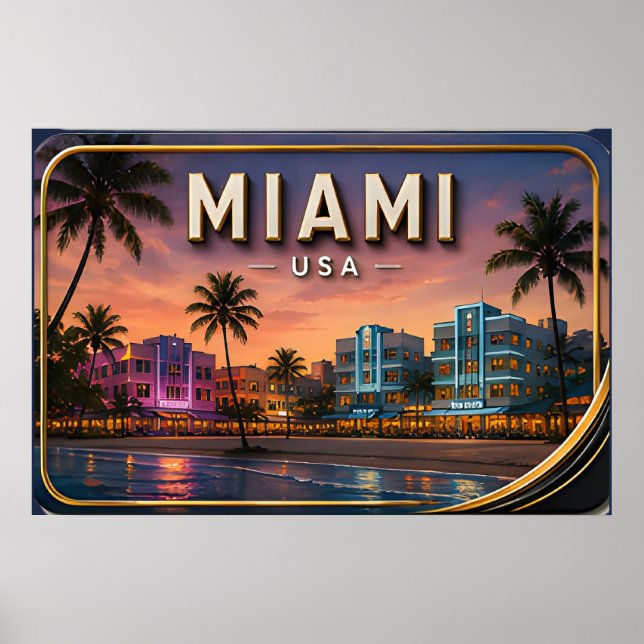 Affiche Coucher de soleil sur Miami Beach et Ocean Drive (Devant)