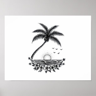 Affiche Coucher de soleil sur palmiers tropicaux – Art lin