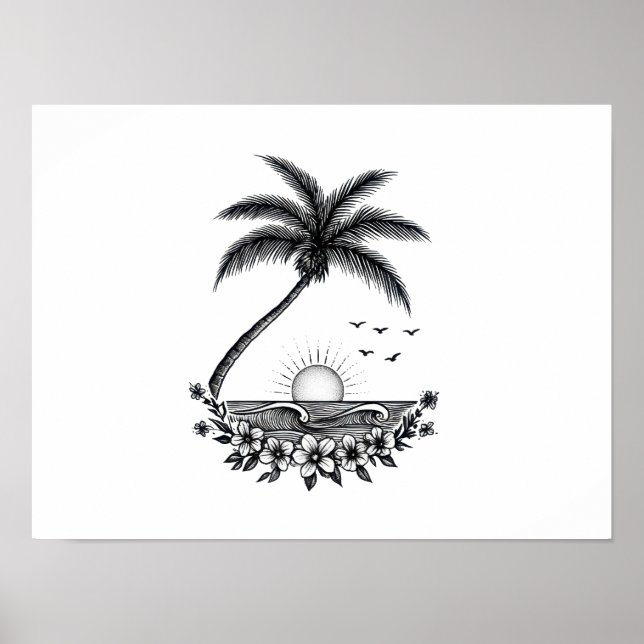 Affiche Coucher de soleil sur palmiers tropicaux – Art lin (Devant)